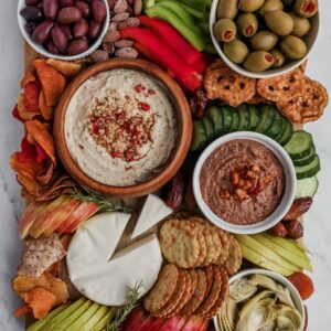 Overhead view of a vegan charcuterie board