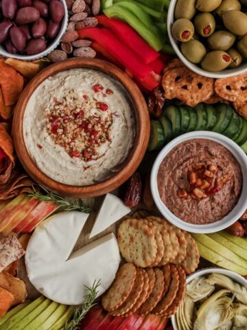 Overhead view of a vegan charcuterie board