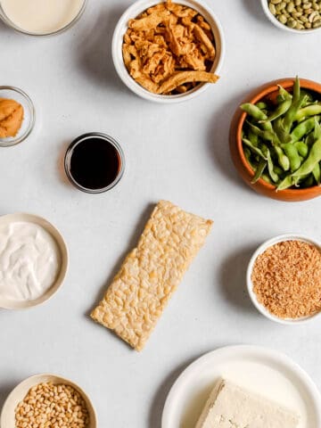 10 soy products on a white background