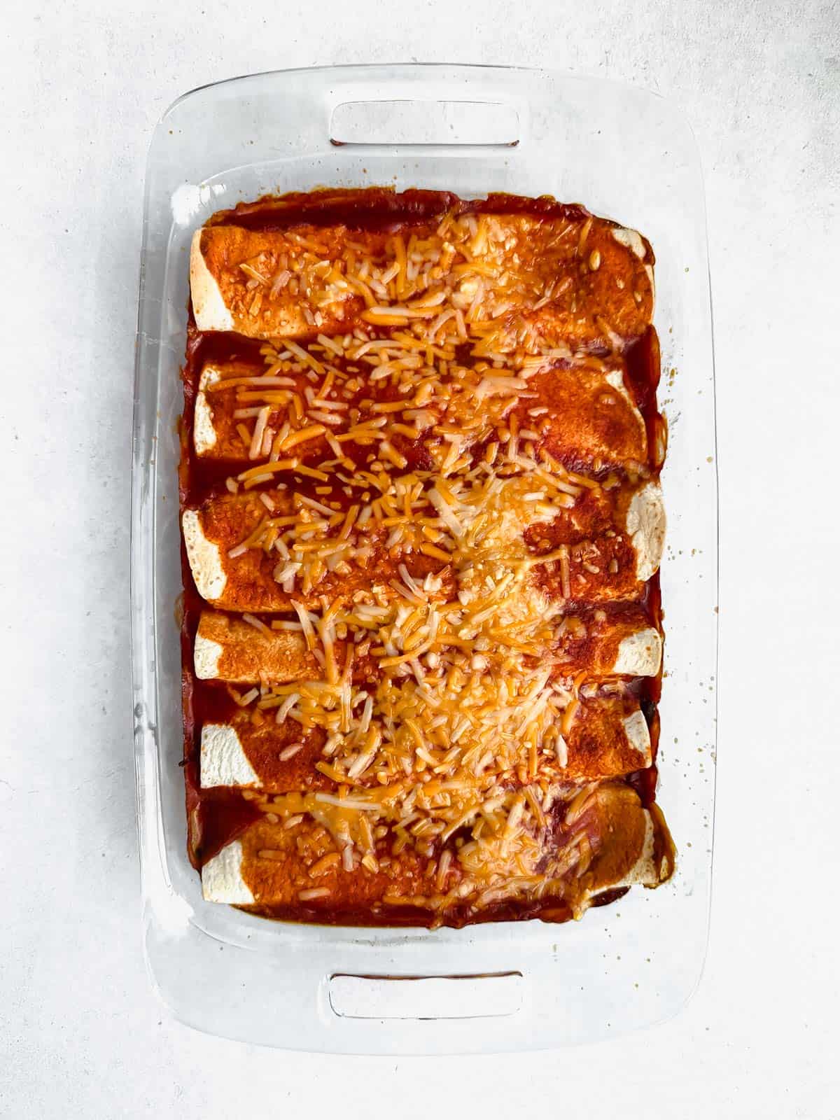 Baked enchiladas with melted cheese on top in glass baking dish on white background