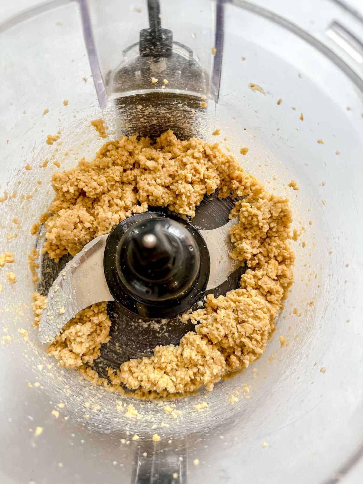 Pulsed, blended ingredients inside food processor