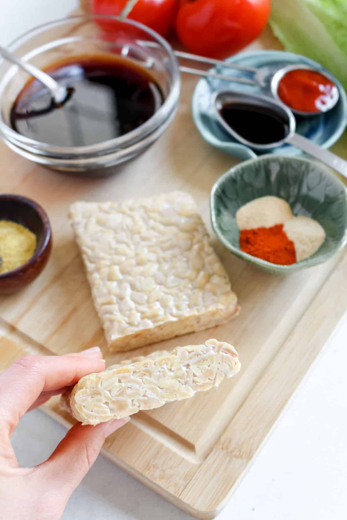 Tempeh block sliced in half