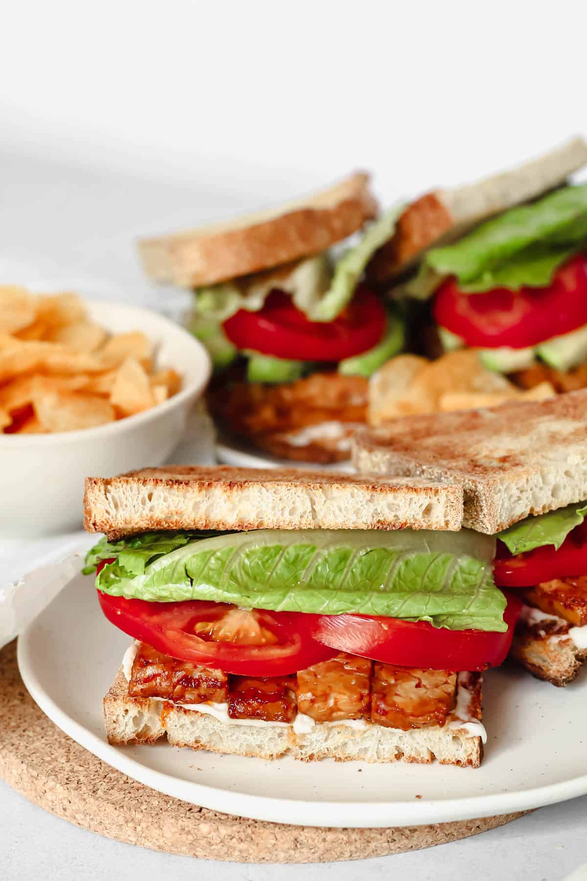 Up close of tempeh, tomato and lettuce sandwich on toasted bread served on a white plate